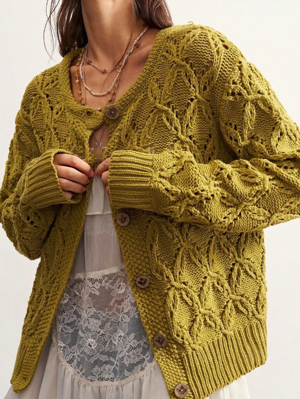 Green Casual Women's Heavy-Duty Hollow Knit Cardigan - Picture 5 of 9